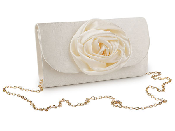 Poșetă plic elegantă de seară din satin, cu aplicație florală și baretă detașabilă tip lanț