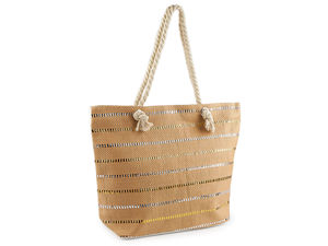 Geantă tote premium de vară din fir de hârtie cu dungi metalizate - Geantă mare de plajă și oraș cu mânere din șnur de bumbac, 52x38 cm