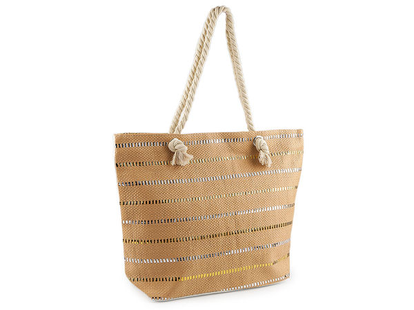 Geantă tote premium de vară din fir de hârtie cu dungi metalizate - Geantă mare de plajă și oraș cu mânere din șnur de bumbac, 52x38 cm