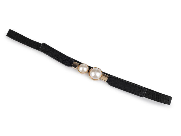 Curea elastică elegantă de damă cu cataramă cu perle - Curea elastică îngustă 1,5 cm (Negru)