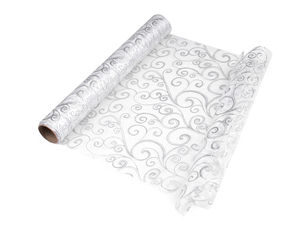 Rolă de organza premium cu imprimeu argintiu metalizat - lățime 36 cm pentru nunți, Crăciun și decor floral