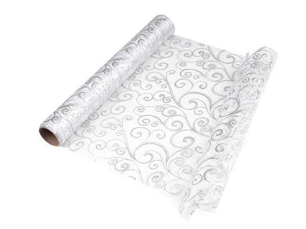Rolă de organza premium cu imprimeu argintiu metalizat - lățime 36 cm pentru nunți, Crăciun și decor floral