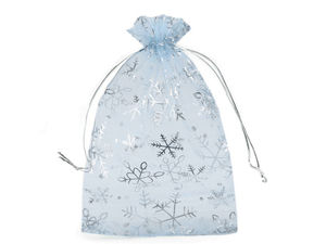 Săculeți din organza pentru cadouri de Crăciun cu fulgi de zăpadă și șnur din saten (13 x 18 cm)