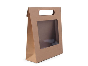 Pungă de cadou din hârtie Kraft natur cu fereastră transparentă și mâner decupat - 16 x 21 cm