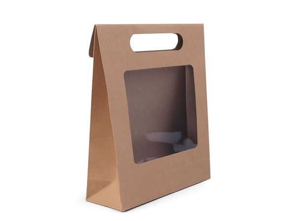 Pungă de cadou din hârtie Kraft natur cu fereastră transparentă și mâner decupat - 16 x 21 cm