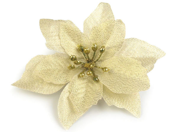 Crăciuniță artificială aurie premium - Floare decorativă de sărbători de 14 cm, cu lurex strălucitor și sclipici, pentru coronițe, ghirlande și proiecte creative