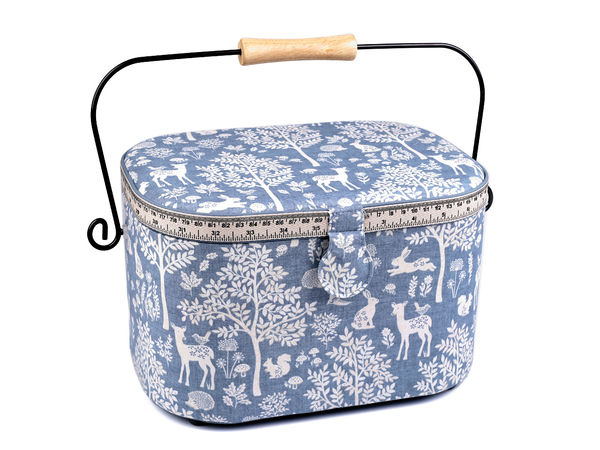 Coș premium de cusut din material textil vintage, cu tavă organizatoare detașabilă și mâner din lemn