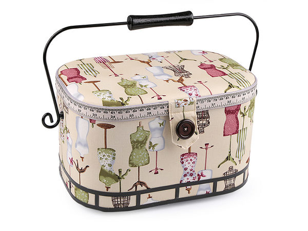 Coș premium de cusut din material textil vintage, cu tavă organizatoare detașabilă și mâner din lemn