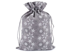 Săculeț festiv din iută pentru cadouri de Crăciun, cu imprimeu fulg de nea și șnur satinat (20x30 cm)