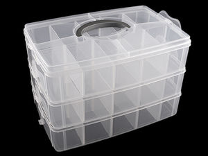 Cutie din plastic transparent pentru depozitare cu 3 niveluri etajabile, compartimente reglabile și mâner pentru transport