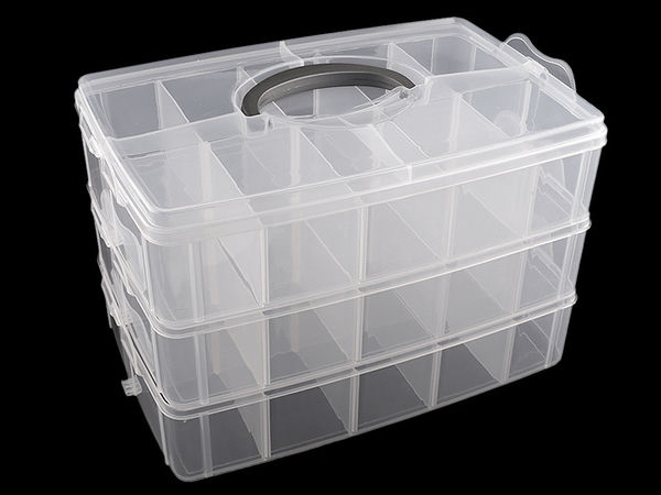 Cutie din plastic transparent pentru depozitare cu 3 niveluri etajabile, compartimente reglabile și mâner pentru transport