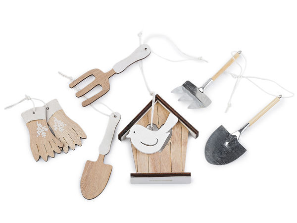 Ornamente suspendabile în formă de unelte de grădinărit în miniatură - Set decorativ de 6 piese pentru proiecte de lucru manual, coronițe și floristică