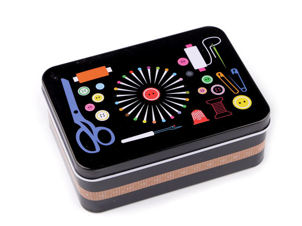 Cutie premium din tablă pentru accesorii de croitorie - Organizator metalic negru cu capac detașabil