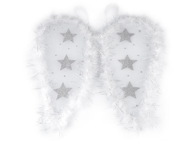 Aripi de înger din pene albe cu stele strălucitoare și pasmanterie din lurex - Accesoriu premium pentru costume