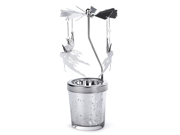 Suport tip carusel rotativ argintiu pentru lumânare pastilă - Decorațiune metalică de Crăciun (Fulg de nea și Zână)