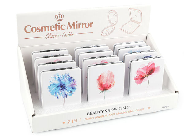 Oglindă compactă de buzunar cu imprimeu floral - Oglindă cosmetică premium cu două fețe și etui din piele ecologică