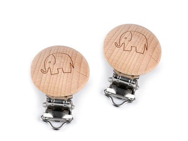 Clipsuri premium din lemn pentru ecusoane și proiecte de galanterie, cu clemă metalică - Modele Elefant, Stea și Față Zâmbitoare (30 mm)