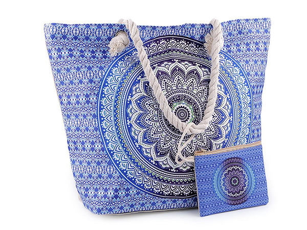 Geantă de plajă premium din bumbac de dimensiuni mari cu imprimeu mandala și portfard detașabil – geantă shopper de vară spațioasă cu mânere din frânghie, 39x50 cm