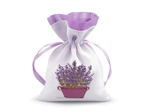 Săculeț premium din in pentru cadouri, cu imprimeu lavandă și șnur din satin (9x13 cm)
