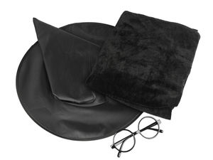 Set premium costum de vrăjitor - Mantie din catifea neagră cu glugă, pălărie ascuțită și ochelari