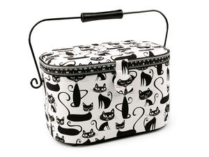 Coș de cusut premium și organizator pentru lucru manual, îmbrăcat în material textil, cu tăviță detașabilă, buzunare și pernuță pentru ace - Model cu pisici