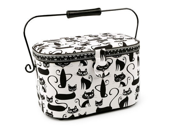 Coș de cusut premium și organizator pentru lucru manual, îmbrăcat în material textil, cu tăviță detașabilă, buzunare și pernuță pentru ace - Model cu pisici