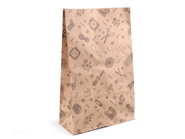 Pungă premium pentru cadouri din hârtie Kraft Stoklasa cu ilustrații de croitorie (20 x 32 cm) - Maro natur