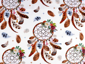 Material canvas din bumbac premium cu imprimeu Dreamcatcher - Alb