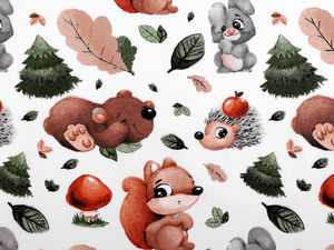 Material Canvas Premium din Bumbac cu Animale de Pădure - Alb | Imprimeu cu Animale din Pădure pentru Lenjerie de Pat Copii, Perne și Proiecte Creative