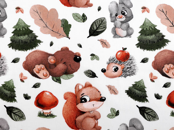 Material Canvas Premium din Bumbac cu Animale de Pădure - Alb | Imprimeu cu Animale din Pădure pentru Lenjerie de Pat Copii, Perne și Proiecte Creative