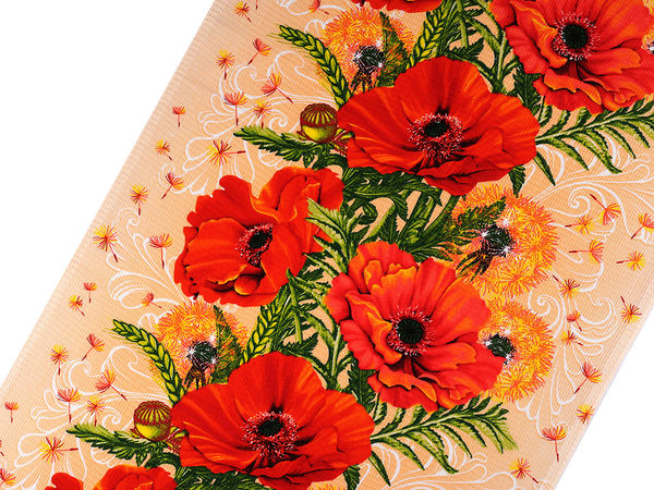 Material premium din bumbac tip fagure - Motiv cu maci (Somon)