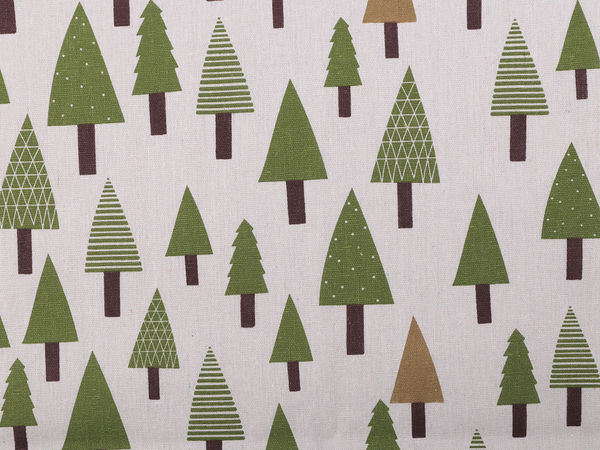 Material textil premium din bumbac cu aspect de in pentru Crăciun - Pânză canvas cu motiv brăduți pentru decorațiuni de sărbători