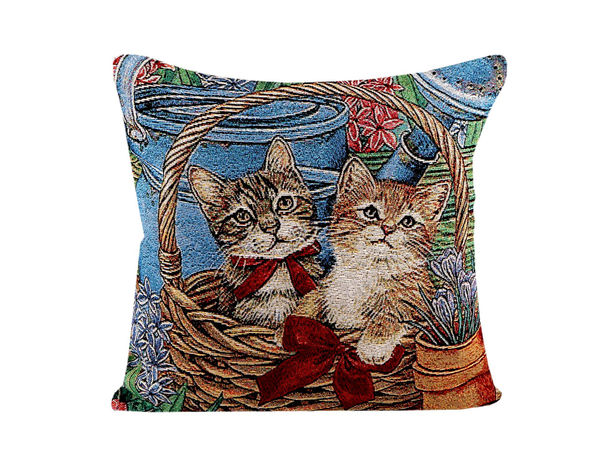 Față de pernă decorativă premium cu aspect de in - Motive cu pisici și păsări (45x45 cm)