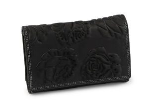 Portofel de damă din piele naturală cu model floral reliefat 3D - Portofel elegant cu clapetă (10 x 15 cm)