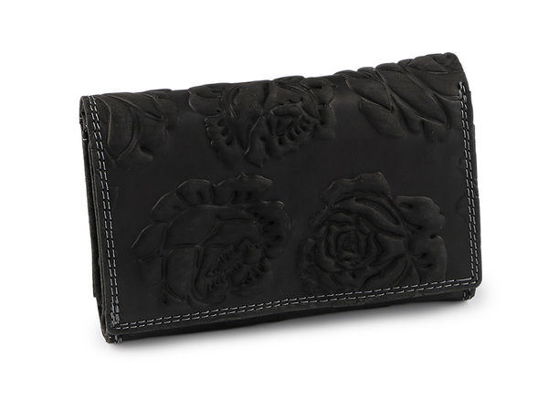 Portofel de damă din piele naturală cu model floral reliefat 3D - Portofel elegant cu clapetă (10 x 15 cm)