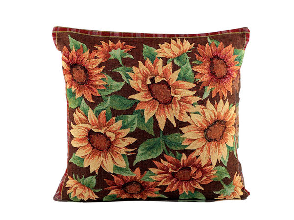 Față de pernă decorativă premium, stil goblen - Motive cu floarea-soarelui și fluturi (45x45 cm)
