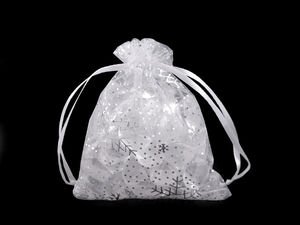 Săculeți cadou din organza cu fulgi de nea pentru Crăciun (9x11 cm) - Săculeți cu șnur pentru mărturii festive, bijuterii și lucru manual