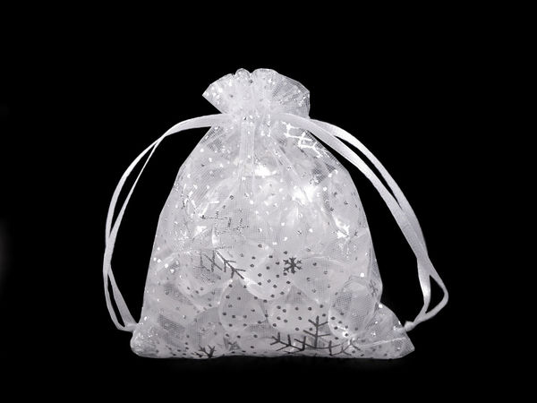 Săculeți cadou din organza cu fulgi de nea pentru Crăciun (9x11 cm) - Săculeți cu șnur pentru mărturii festive, bijuterii și lucru manual