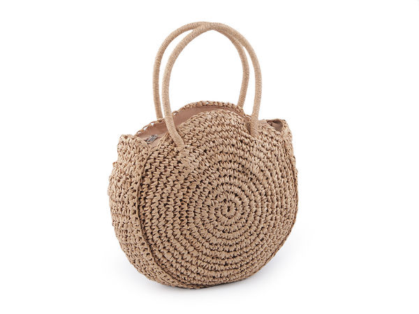 Geantă rotundă croșetată manual din rafie - Poșetă boho de vară tip tote cu închidere cu fermoar, 33x37 cm