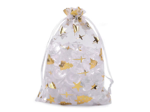 Săculeți cadou din organza pentru Crăciun, cu imprimeu metalizat cu brăduți și steluțe, șnur din satin - Alb și auriu, 10 x 14,5 cm