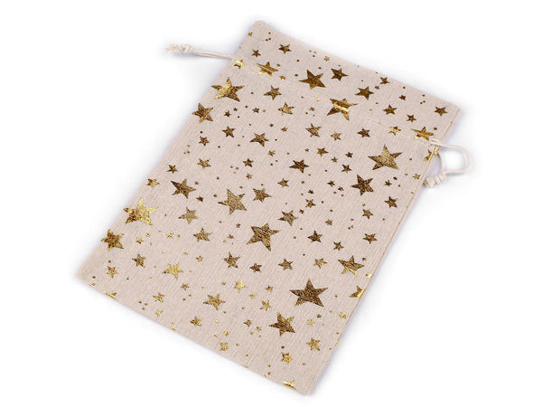 Săculeț cadou premium din in cu imprimeu stele metalice, 20x30 cm - Săculeț cu șnur, argintiu aspect pânză de sac