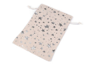 Săculeț cadou premium din in cu imprimeu stele metalice, 20x30 cm - Săculeț cu șnur, argintiu aspect pânză de sac