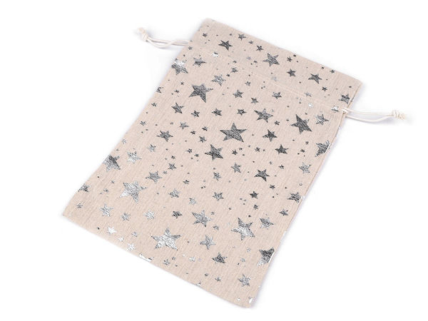 Săculeț cadou premium din in cu imprimeu stele metalice, 20x30 cm - Săculeț cu șnur, argintiu aspect pânză de sac