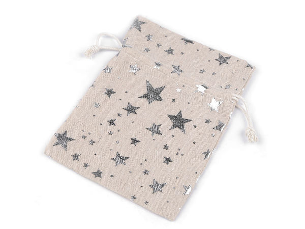 Săculeț premium de cadou din in cu imprimeu steluțe metalice (13x18 cm) - cu șnur de strângere