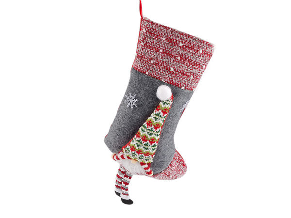 Ciorap de Crăciun premium cu aplicație 3D tip spiriduș - Săculeț festiv pentru cadouri (24x44 cm)