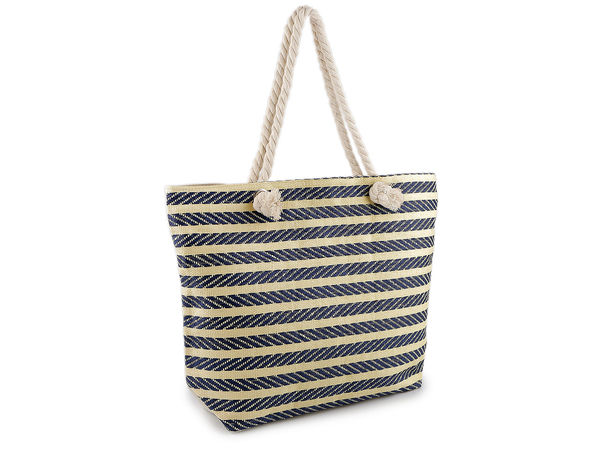 Geantă de plajă premium în dungi, cu franjuri și mânere din șnur răsucit (52x38 cm)