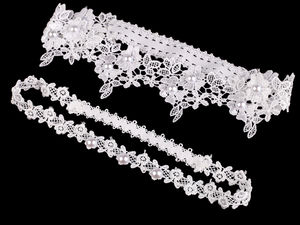 Set elegant de jartiere de mireasă din dantelă florală cu perle - Jartieră dublă pentru amintire și pentru aruncat (Alb)