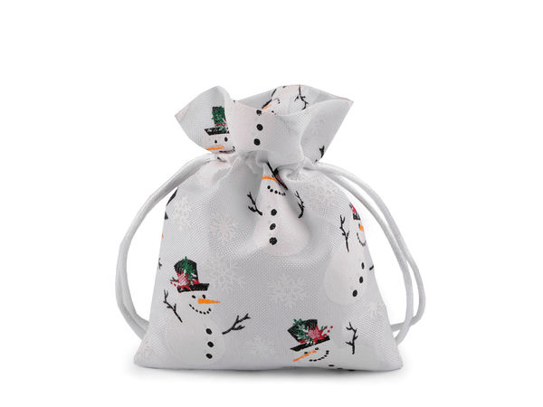 Săculeț premium pentru cadouri de Crăciun, aspect de iută, model Om de zăpadă, cu șnur din satin (10x13 cm)
