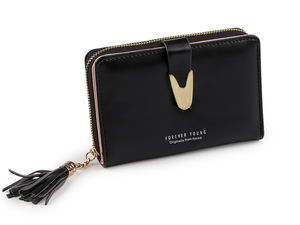 Portofel compact de damă, elegant, cu închizătoare metalică și fermoar cu ciucure, 9x13 cm