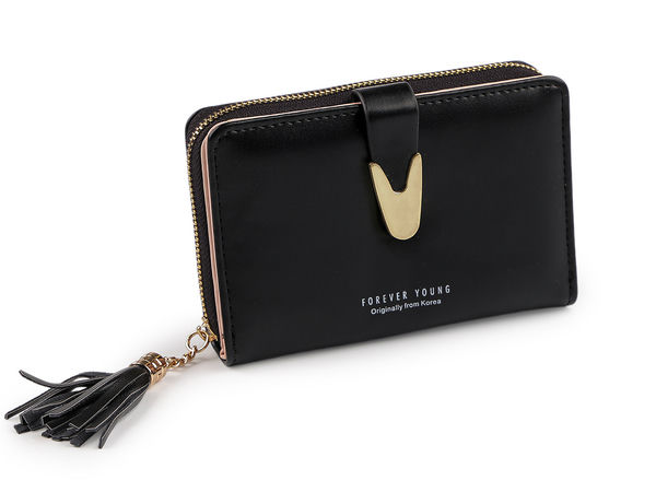 Portofel compact de damă, elegant, cu închizătoare metalică și fermoar cu ciucure, 9x13 cm